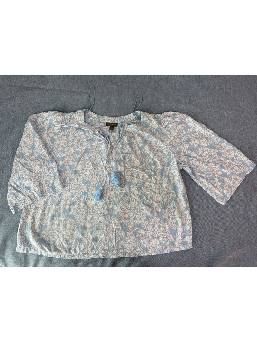 Style & Co Coastal Blue Floral Tassel Peasant Blouse Size L - Picture 6 of 8
